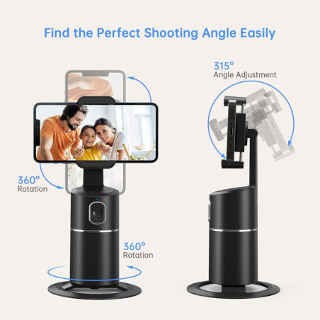 Auto Face Tracking Phone Holder with 360° Rotation, No App Needed, Rechargeable Battery – Black