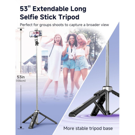 Trépied Selfie 53'' avec Lumière, Télécommande, Clips Tout-en-1, Compatible iPhone & Android
