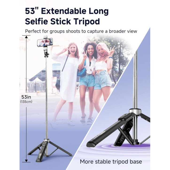 Trépied Selfie 53'' avec Lumière, Télécommande, Clips Tout-en-1, Compatible iPhone & Android Trépied Selfie 53'' avec Lumière, Télécommande, Clips Tout-en-1, Compatible iPhone & Android