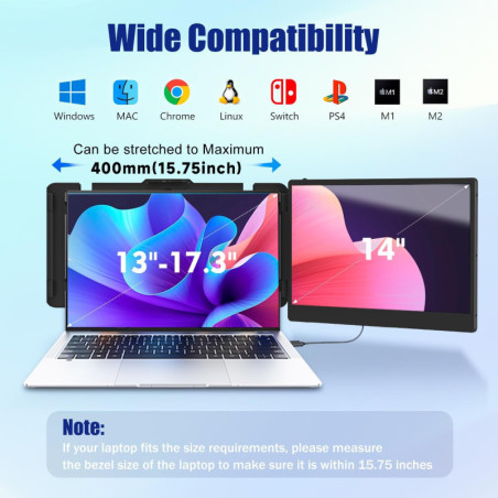 KEFEYA Écran Portable 14 FHD IPS, Extendeur Double Écran USB-C/HDMI pour Ordinateurs 13-17 Plug & Play