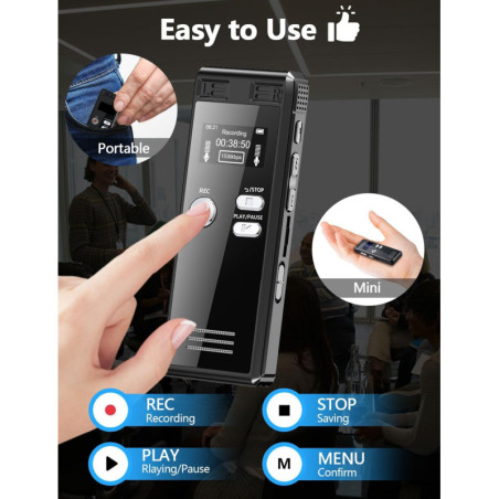 Enregistreur Vocal Numérique 64GB avec Lecture, 4552h, Double Micro, MP3, Carte TF Incluse