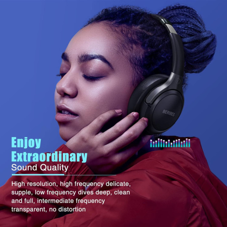 BERIBES Bluetooth Over-Ear Headphones, 65H Playtime, 6 EQ Modes, Foldable, HiFi Stereo, Mic, Deep Bass