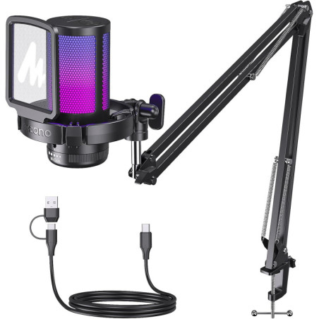 Microphone Gaming USB MAONO DGM20S avec réduction de bruit, mute, gain, monitoring, bras articulé.