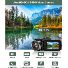 Caméra 4K 64MP Vlogging YouTube avec Zoom 18X & Microphone