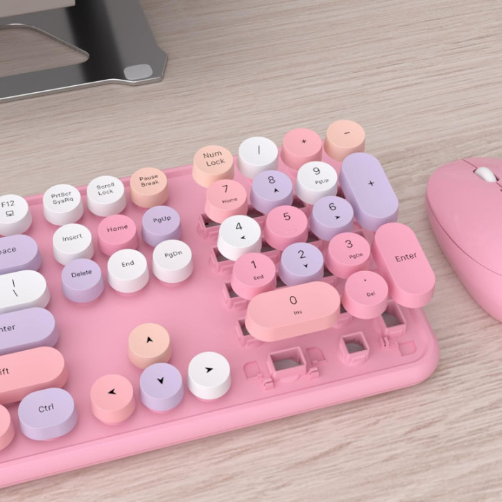 UBOTIE Colorful Retro Wireless Keyboard & Optical Mouse Combo, Full-Sized, 2.4GHz Dropout-Free (Pink)