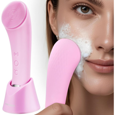 Brosse Nettoyante Visage PRITECH Rechargeable Silicone avec Massage Chauffant Vibrant Étanche Rose