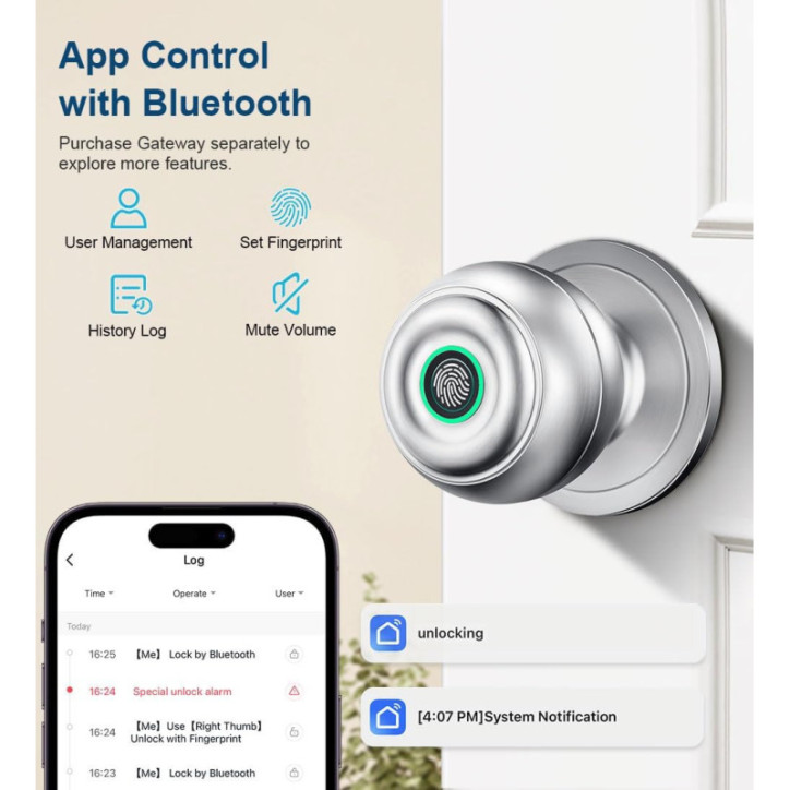 Serrure de porte biométrique argentée avec empreinte digitale, appli, clé et entrée sans clé Serrure de porte biométrique argentée avec empreinte digitale, appli, clé et entrée sans clé
