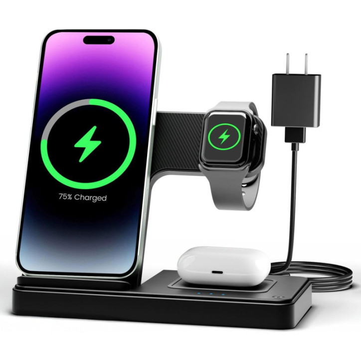 Station de Charge Sans Fil 3 en 1 pour iPhone, Apple Watch et AirPods - Compatible iPhone 17 à 11, Watch 10 à SE Station de Charge Sans Fil 3 en 1 pour iPhone, Apple Watch et AirPods - Compatible iPhone 17 à 11, Watch 10 à SE