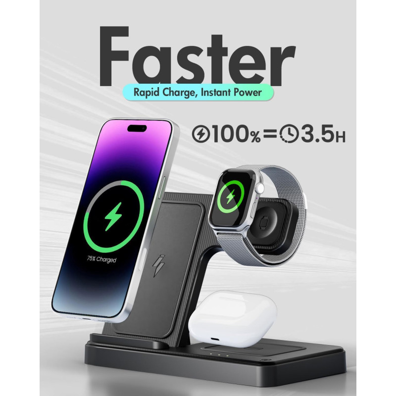 Chargeur Sans Fil iPhone 3 en 1 pour iPhone, Apple Watch, AirPods
