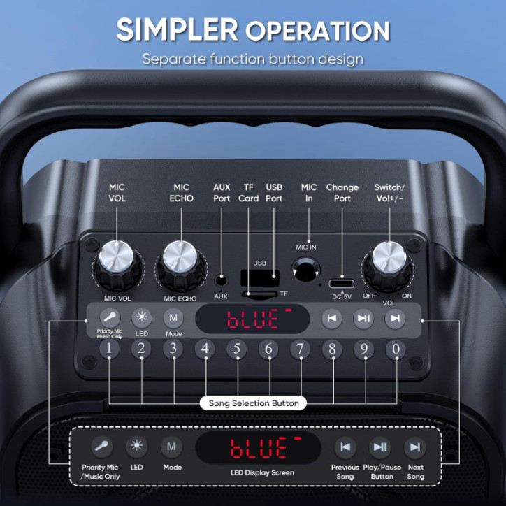 Machine à karaoké portable Bluetooth avec 2 micros sans fil, lumières, support USB/TF/REC/FM/AUX Machine à karaoké portable Bluetooth avec 2 micros sans fil, lumières, support USB/TF/REC/FM/AUX