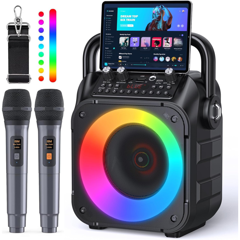 Machine Karaoké Bluetooth Portable avec 2 Micros Sans Fil & Lumières