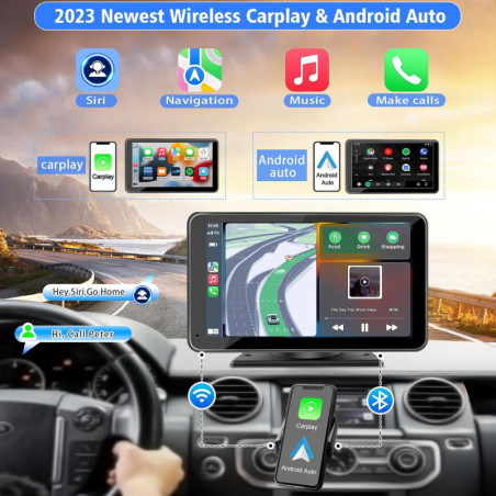 7 Portable Wireless Car Stereo with Apple CarPlay, Android Auto, Bluetooth 5.2, Backup Camera & AUX