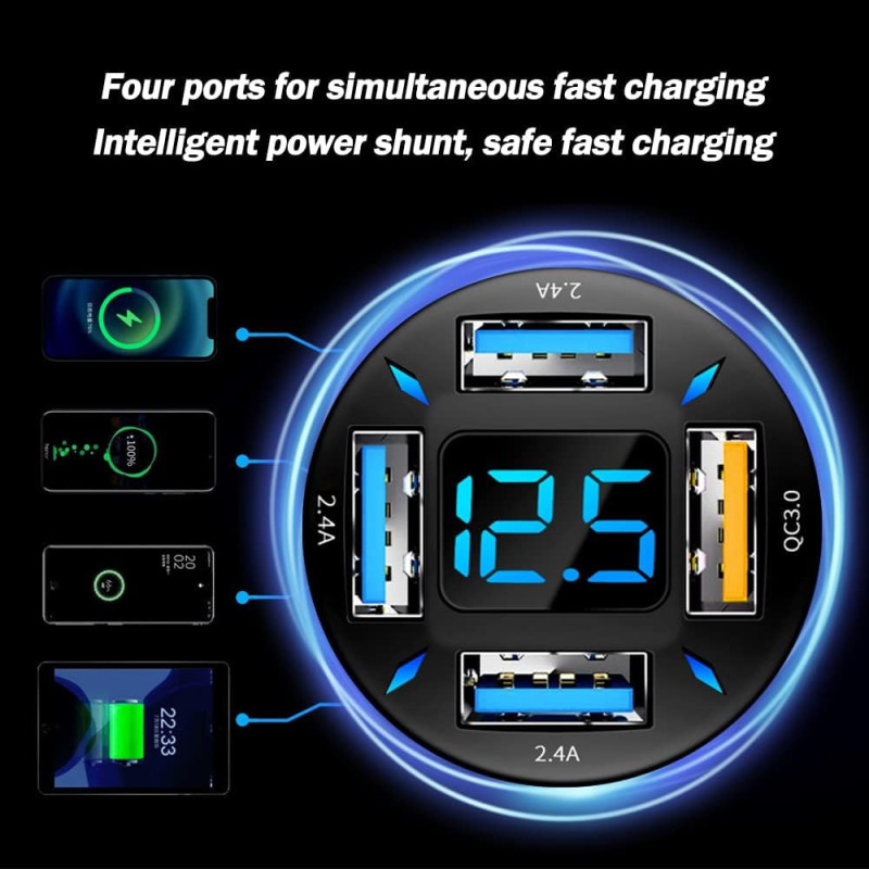 66W Fast USB Car Charger with Voltmeter & LED for iPhone & Samsung