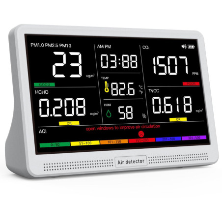16-in-1 Indoor Air Quality Monitor with 7 Display, AQI Alerts, CO2, PM2.5, TVOC, HCHO, Temp & Humidity