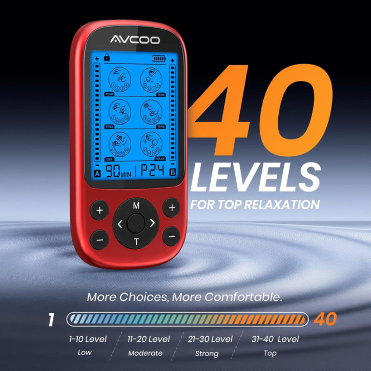 Appareil TENS Dual Channel 3-en-1, 24 Modes, 40 Niveaux, Rechargeable avec 12 Électrodes et Étui EVA Appareil TENS Dual Channel 3-en-1, 24 Modes, 40 Niveaux, Rechargeable avec 12 Électrodes et Étui EVA