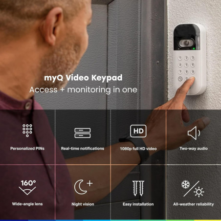 Clavier vidéo myQ pour porte de garage avec caméra grand-angle, codes PIN personnalisables, contrôle smartphone, compatible Cham