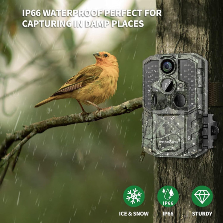 WOSPORTS 48MP 4K Trail Camera, 0.2s Trigger, Night Vision, IP66 Waterproof, 2.0'' LCD, 120° Wide Lens