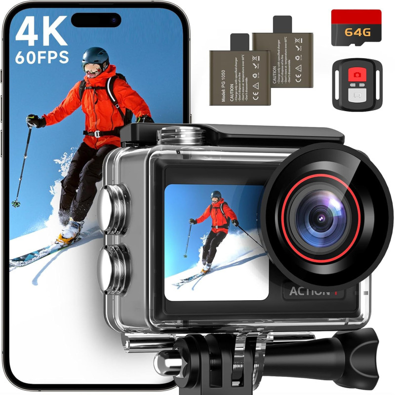 Caméra Action ODDV 4K60FPS Étanche 132FT avec Écran Tactile