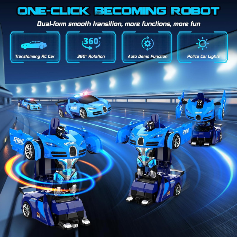 Remote Control Transforming Robot Car for Kids – 360° Rotation & LED Lights