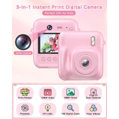 Appareil Photo Instantané Enfant 48MP Selfie 1080P avec Impression, Carte 32GB, Papier, Rose