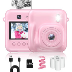 Kids Instant Print Camera 48MP Selfie Digital Toy for Ages 4-9 - Pink