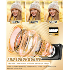 Appareil Photo Numérique Enfants 2025 56MP FHD 1080P Zoom 16x Anti-Shake Détection Visage Carte 32GB Noir