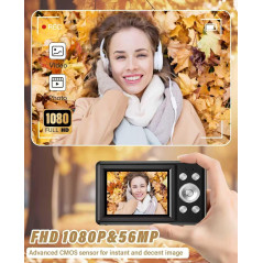 2025 Kids Digital Camera 56MP FHD 1080P 16x Zoom Anti-Shake Gift Black