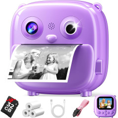 Kids Camera Instant Print - HD Video Digital Toy for Ages 3-12, Purple