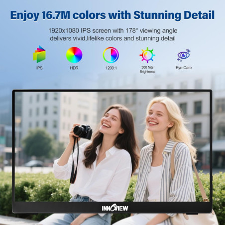 InnoView Écran Portable 15,6 Full HD 1080P avec Housse, Support Réglable 90°, USB-C HDMI Ultra-Mince