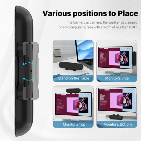 Haut-parleurs PC USB-C, Son Puissant, Contrôle Volume Noir
