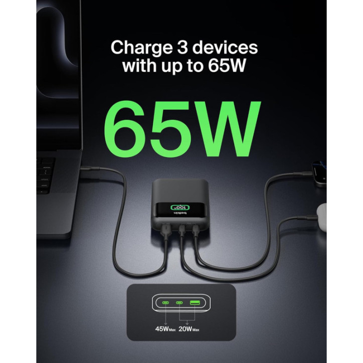 Belkin Power Bank 20000mAh 65W, Chargeur Portable 3 Ports USB-C & USB-A pour Laptop, iPhone, MacBook, iPad, Samsung - Noir Belkin Power Bank 20000mAh 65W, Chargeur Portable 3 Ports USB-C & USB-A pour Laptop, iPhone, MacBook, iPad, Samsung - Noir