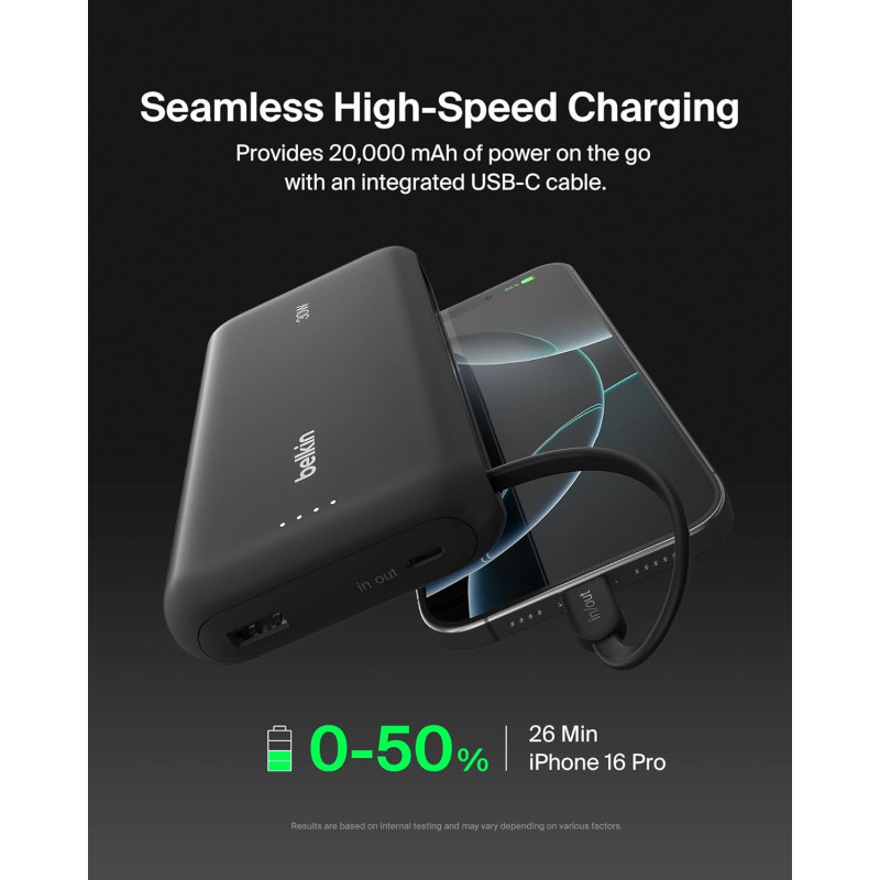 Belkin 20000mAh Portable Charger with Cable, 30W Fast USB-C PD