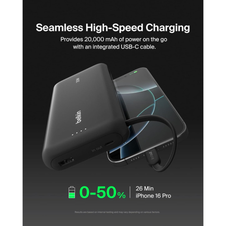 Belkin Power Bank 20000mAh 30W avec câble intégré, charge rapide USB-C, compatible iPhone 17 & Galaxy S25 noir Belkin Power Bank 20000mAh 30W avec câble intégré, charge rapide USB-C, compatible iPhone 17 & Galaxy S25 noir