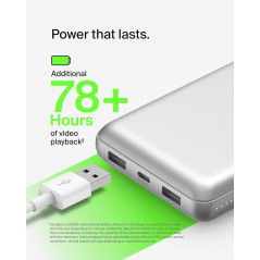 Belkin Power Bank 20000 mAh USB-C 15W, 1 USB-C + 2 USB-A, câble Type-C vers Type-A, Argent