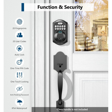 TEEHO TE002 Fingerprint Keyless Door Lock with Electronic Keypad, Auto Lock, Matte Black, Easy Install