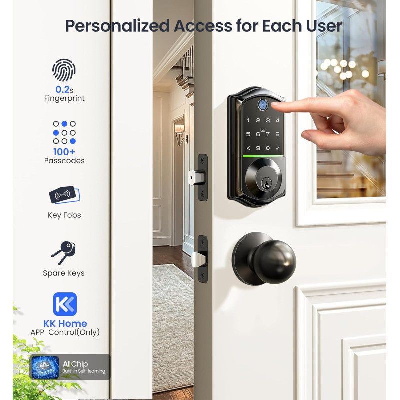 Veise VE017 Fingerprint Smart Door Lock - Keyless, App Control, Matte Black