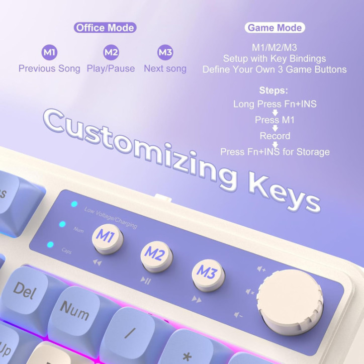 Clavier AULA 99 touches Tri-Mode Bluetooth/2.4GHz/USB-C RGB rétroéclairage media knob pour gaming - Violet Clavier AULA 99 touches Tri-Mode Bluetooth/2.4GHz/USB-C RGB rétroéclairage media knob pour gaming - Violet