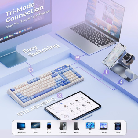 Clavier AULA 99 touches Tri-Mode Bluetooth/2.4GHz/USB-C RGB rétroéclairage media knob pour gaming - Violet