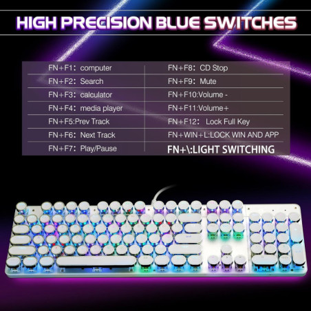 Clavier Mécanique Gaming Rétro Style Machine à Écrire RGB 104 Touches Blue Switch Blanc