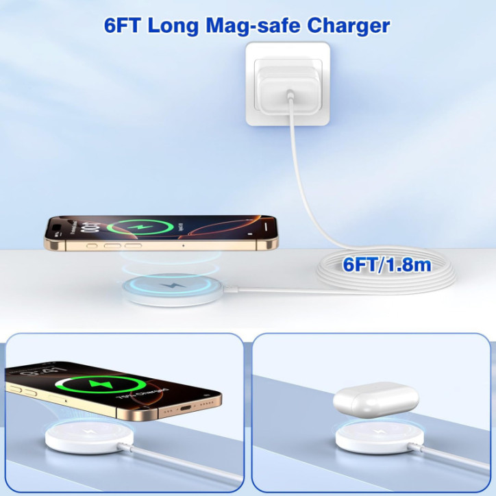Chargeur Sans Fil Magnétique Apple MFi 15W 6FT pour iPhone 16/15/14/13/12 et AirPods Pro Chargeur Sans Fil Magnétique Apple MFi 15W 6FT pour iPhone 16/15/14/13/12 et AirPods Pro