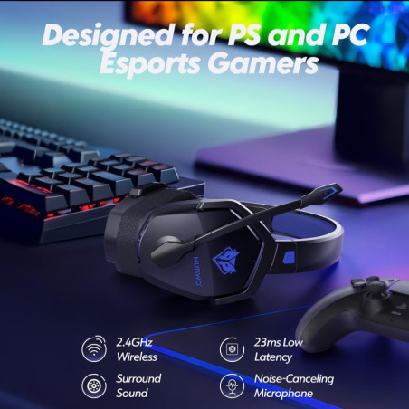 NUBWO Wireless Gaming Headset Blue - 100H Battery, Zero Interference