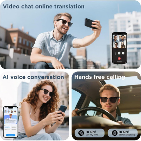 Lunettes de Soleil Intelligentes AI, Traduction 110+ Langues, Bluetooth, UV400, Commande Vocale, Noir