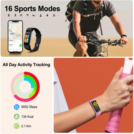 Montre Tracker Fitness Slim IP68 avec Podomètre, Moniteur Cardiaque, Sommeil & Calories pour Tous