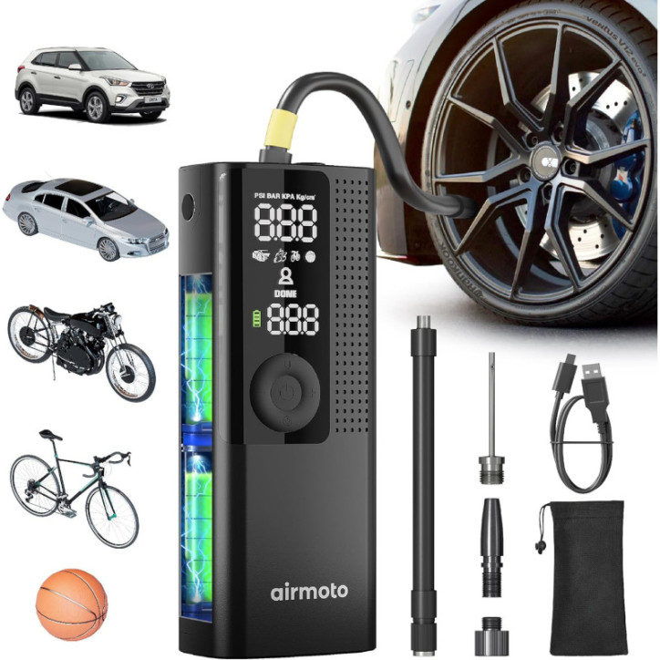 Compresseur d'air portable Airmoto avec manomètre numérique, LED, arrêt automatique - Pompe sans fil pour voiture, moto, vélo, b Compresseur d'air portable Airmoto avec manomètre numérique, LED, arrêt automatique - Pompe sans fil pour voiture, moto, vélo, b