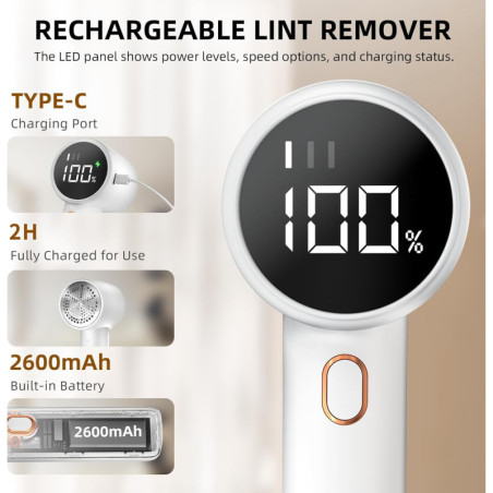 Rasoir à Tissu Électrique Rechargeable, Anti-Boulochage Portable avec 3 Vitesses et Écran LED