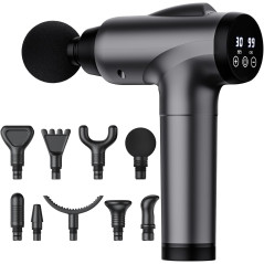 Deep Tissue Massage Gun - Handheld Electric Muscle Massager, 9 Attachments, 30 Speeds (Grey)