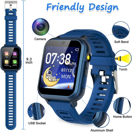 Montre Enfants Intelligente 39 Jeux Caméra Musique Cadeau 5-12 ans