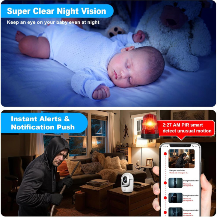 2K WiFi Indoor Security Camera with Pan/Tilt, AI Motion, 2-Way Audio, Siren, App Control, TF/Cloud Storage