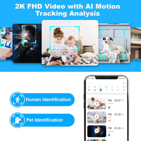 Caméra de Sécurité Intérieure 2K WiFi avec IA, Audio 2 Voies, Détection Mouvement, Stockage Cloud/TF