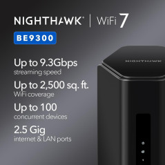 NETGEAR Nighthawk WiFi 7 Routeur BE9300, 9.3Gbps, Tri-Bande, Port 2.5Gbps, 2500pi², 100 Appareils, VPN